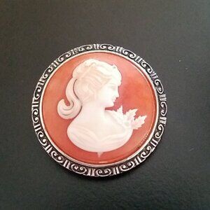 2 Vintage Scarf Clips - MOP Faux Cameo on Coral and Contemporary Gold tone